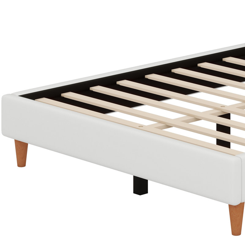 Lit plateforme tapissier avec tête de lit à oreilles et pieds en bois, Ivoire ivoire, Grand lit