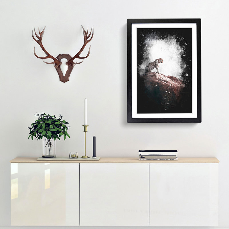 Leopard Upon The Rock Paint Splash - Picture Frame Graphic Art, 33cm H x 24cm W x 2cm D, Black Framed