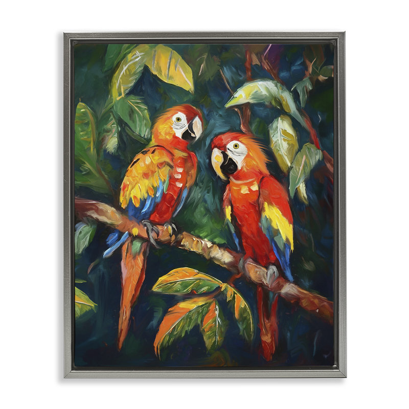 «Perroquet paire sur branche» par Ramona Murdock, Cadre flottant gris lustré, H 31 po x l 25 po x P 1,7 po