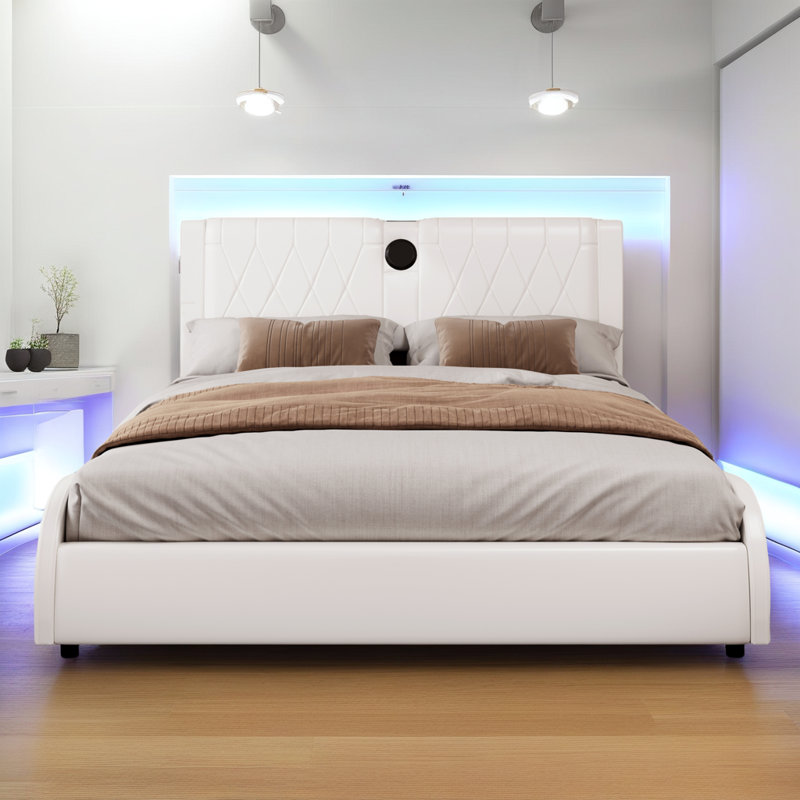 Lit intelligent avec haut-parleurs Bluetooth et lumières RVB - Lit plateforme en similicuir, tête de lit épaissie, aucun sommier nécessaire