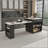 80-Inch Expandable Kitchen Island With Dining Table, Marble-Grain Countertop With Power Outlet, Mobile Storage Cart With Cabinet & 2 Drawers, Kitchen Prep Table (Black)-2017189707