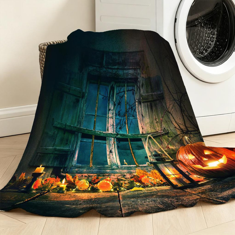 Jeté en flanelle bleue ultra douce, tête de citrouille d'Halloween, imprimé recto, Throw 50" x 60"