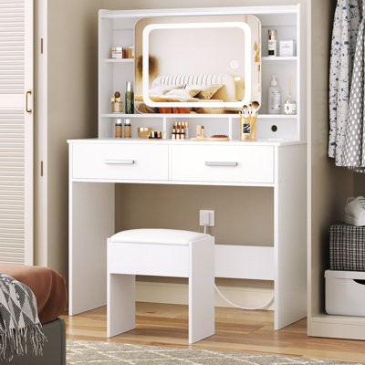 32.8 '' Makeup Vanity Desk with LED Light Slide Mirror, 2 Drawers Power Outletand And Stool