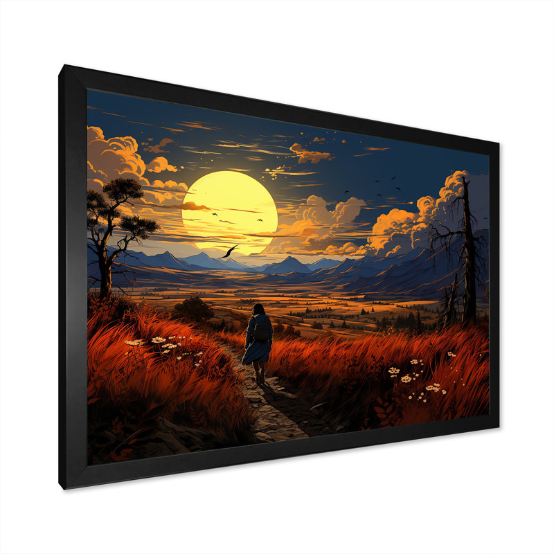 Coucher de soleil au coucher du soleil, chemin de paysage II - art mural paysage, Cadre d'angle fermé noir