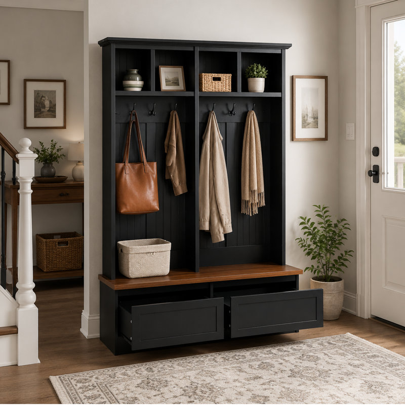 Hallway & Living Room Entryway Storage Rack — Black "Mudroom-Style" Coat Rack — Farmhouse-Style Bench With Wood-Grain Finish And Two Drawers