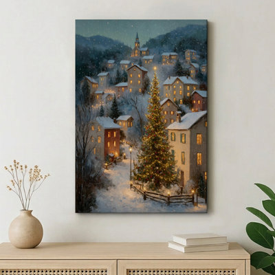 Tableau sur toile « Village enneigé la nuit de Noël », 76 cm (H) x 51 cm (L)
