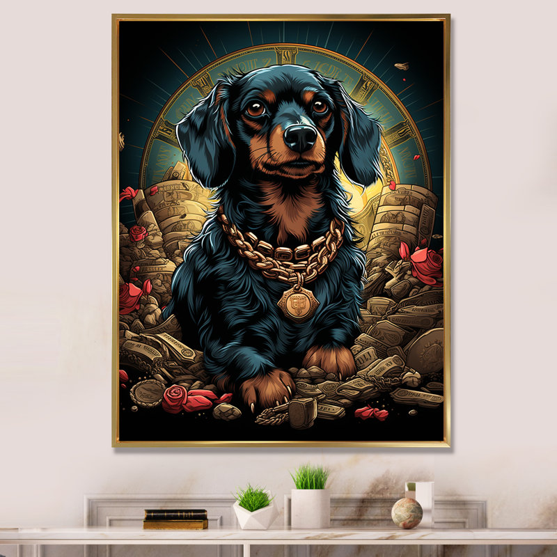 «Gangster Dachshund - Animals Dog Daschund», reproduction d'art, Cadre flottant doré, H 44 po x l 34 po x P 1,5 po