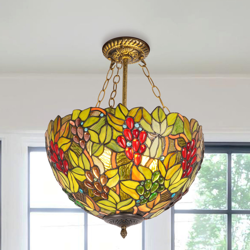 Lustre en vitrail de style raisin de 16 po en laiton antique à intensité variable, Oui