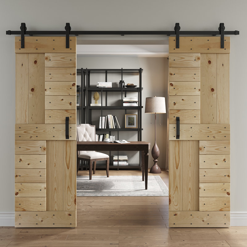 Porte de grange à panneaux et en bois avec quincaillerie d'installation, 48 po x 84 po, Chêne clair