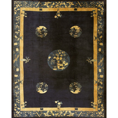 Tapis antique bleu, ivoire, beige, blanc, crème, en laine, noué à la main, des années 1920