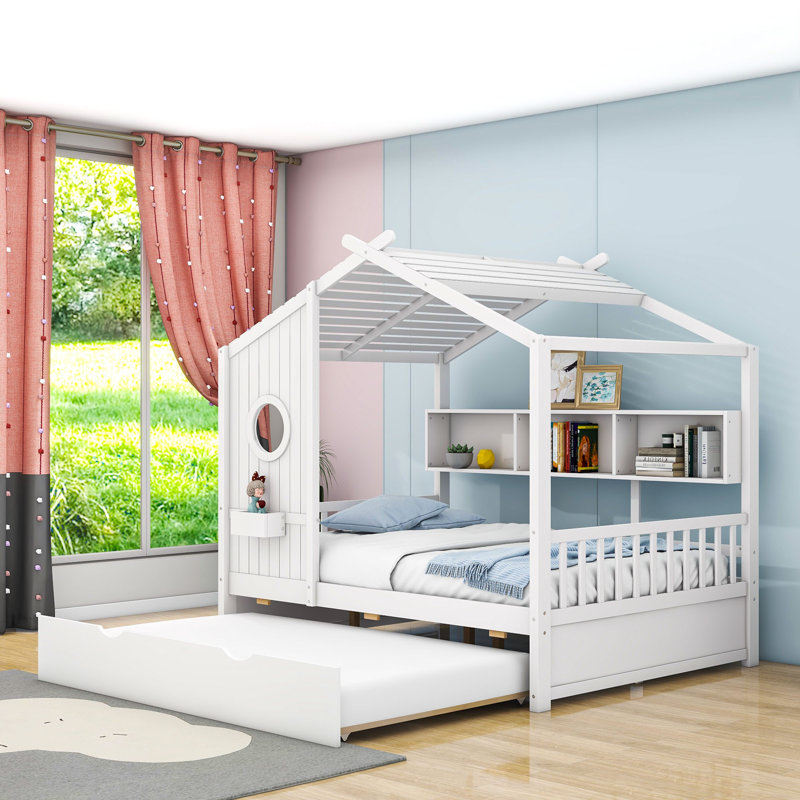 Lit plateforme en bois avec couchette et tablettes Abem, Lit double, Blanc