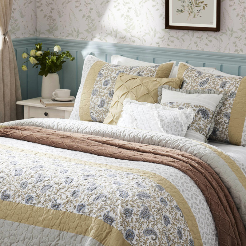 Courtepointe 6 pièces en jaune - double / grand avec tissu et coussins doux, Couvre-lit pour grand lit + 5 pièces supplémenta