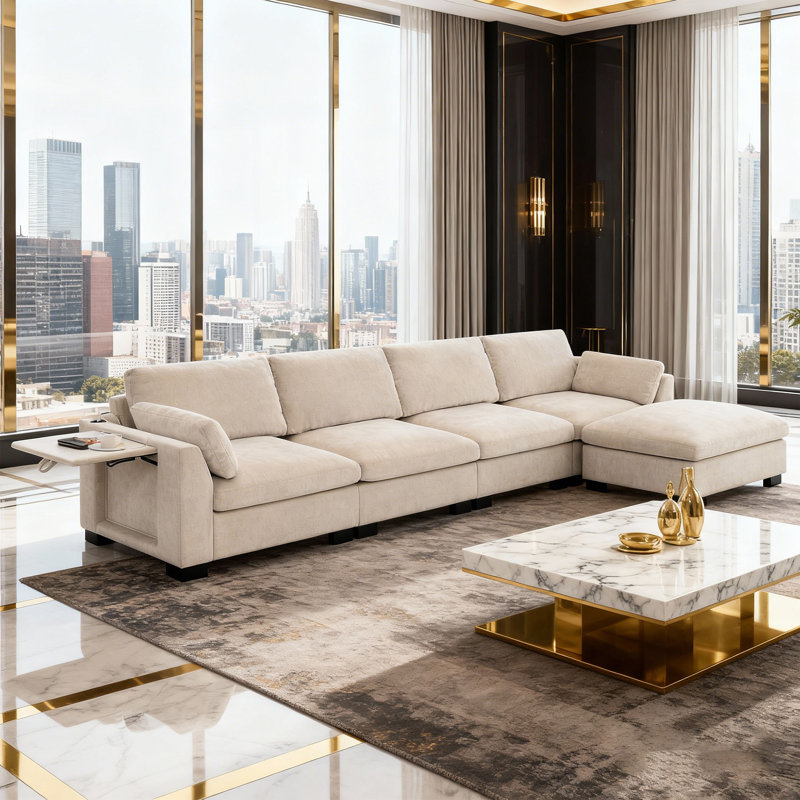 130" Modular Sectional Sofa, L-Shape with Folding Table and Dual-Port Charging, Side Storage Pockets, 2 Armrest Pillows, Free Movement Ottoman, High Density Foam, Chenille, Beige