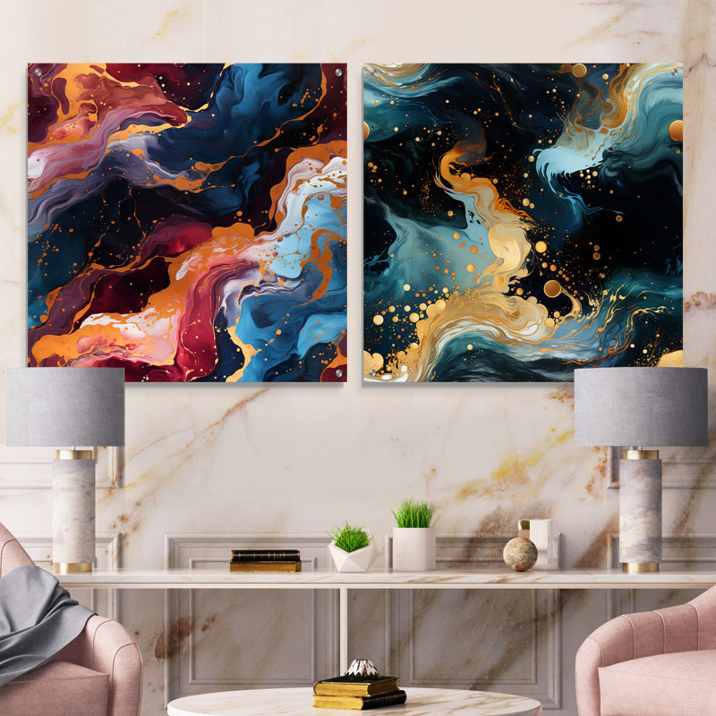 Or galactique Dreams Marble Dreams - ensemble de 2 peintures murales abstraites en acrylique, H 16 po x l 33 po