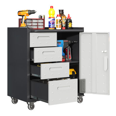 Metal Garage Storage Cabinet - Office, Home, Garage. 35.57"H, Lockable Wheels, Raised Top, 4 Side Drawers. Black/Gray With Wheels Garage, Home. Drawers, Area. Strong And .