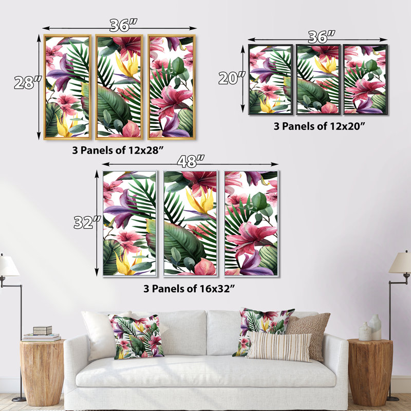 Fleurs tropicales rouges sur fond blanc II - 3 pièces sur toile avec cadre flottant, H 20 po x l 36 po x P 1 po, Cadre doré