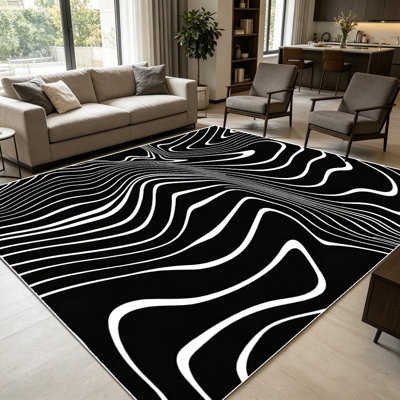 1pièce de topographie abstraite à lignes ondulées noires et blanches pour le salon, douce et confortable, convient à toutes les saisons, facile à entretenir, tapis de sol intérieur lavable à la machine, sous la table de ferme convenant à la salle à manger, la chambre à coucher, la cuisine, le couloir,