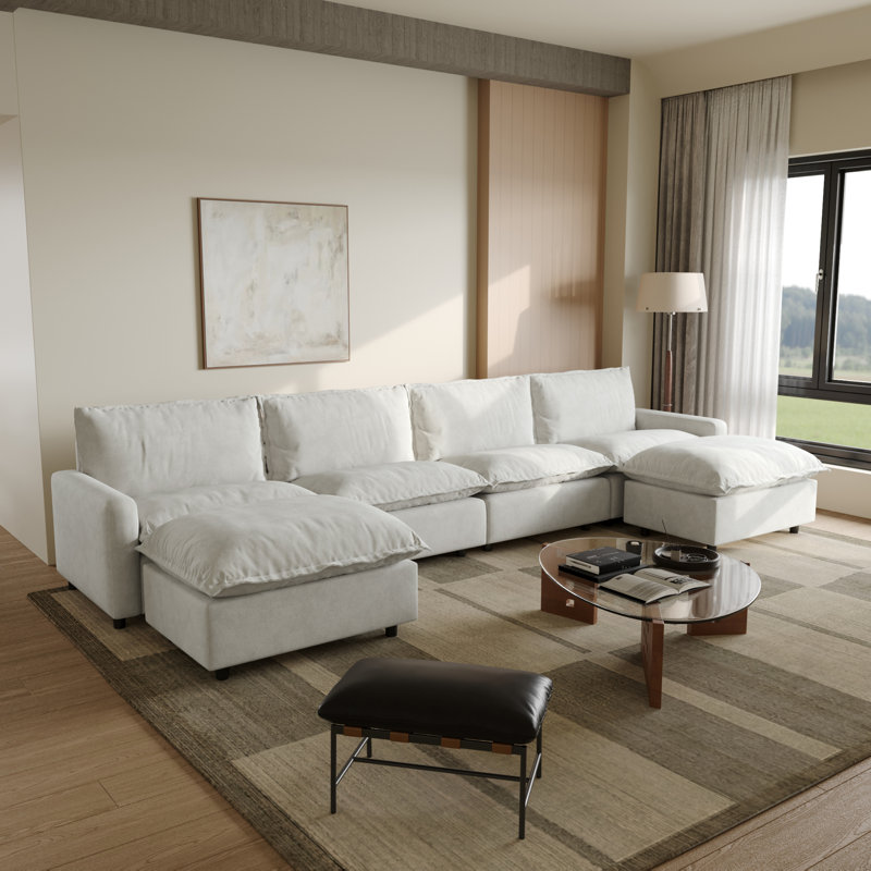 6-Piece Upholstered Modular Linen Fabric Sectional Sofa With Ottoman, Beige Linen, 35.04" H x 148.82" W x 59.44" D
