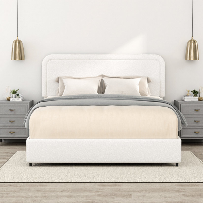 Lit de rangement Boucle avec 4 tiroirs brevetés et tête de lit tapissier courbée, support à lattes de bois, aucun sommier requis