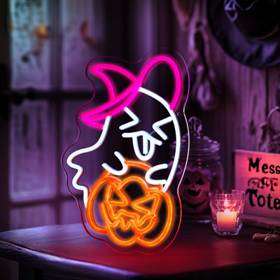 Mignon fantôme avec un chapeau rose et une citrouille orange Lilena avec 6 niveaux de luminosité réglables