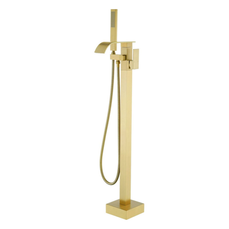 Robinet de baignoire autoportant à fixation au sol avec douche à main, Or brossé