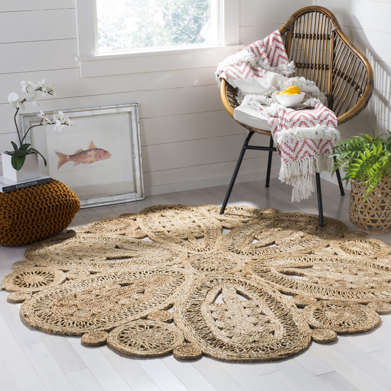 Amberboi Natural Fiber Hand Woven Jute Floral Rug, Round 3'