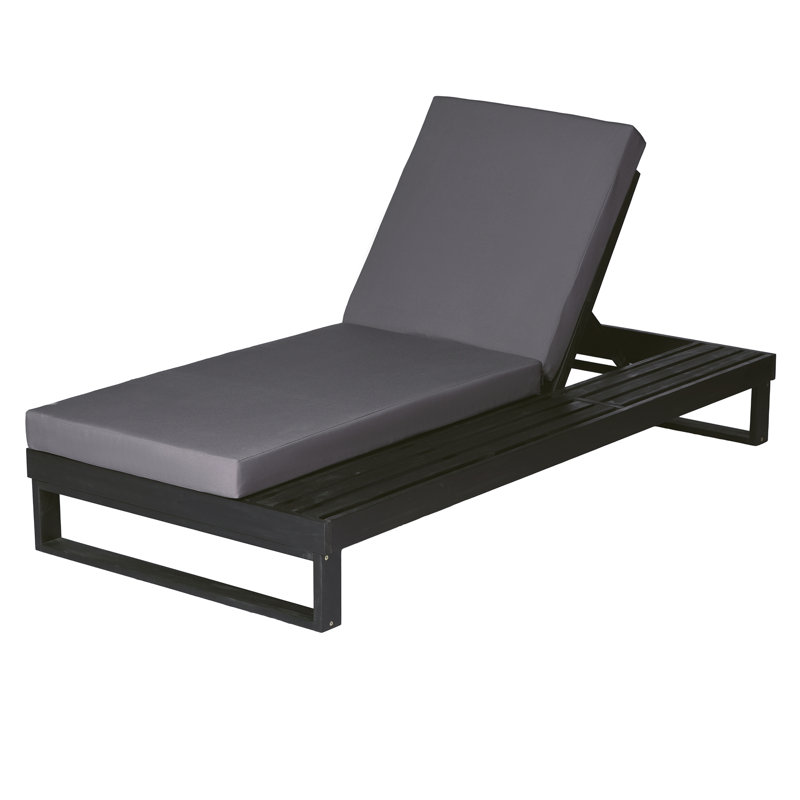 Chaise longue noire en bois d'acacia avec ensemble de coussins 4 plis gris foncé de 4 pouces, chaise longue d'extérieur réglable à 4 positions avec une surface latérale plate, pour la version crème assortie au bord de la piscine disponible