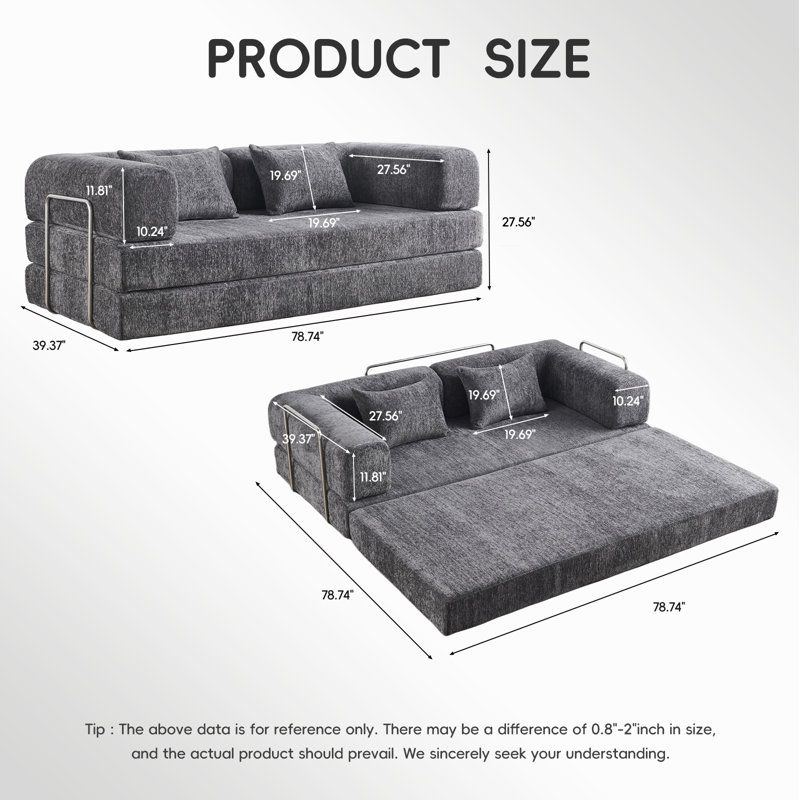 5-in-1 Convertible Folding Sofa Bed, 79" Queen Chenille Boneless Couch with Removable Armrests, No Assembly Loveseat Sleeper Sofa, Modular Futon Couch for Living Room & Bedroom