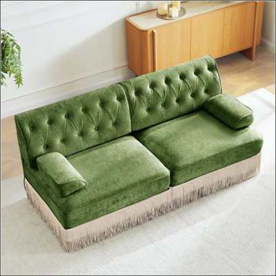 Soft Velvet Fabric Chesterfield Style Sofa With Button Tufted Design, Floor-Grazing Tassel Fringe Skirt, Easy To Assemble, And Free Combination For Ve