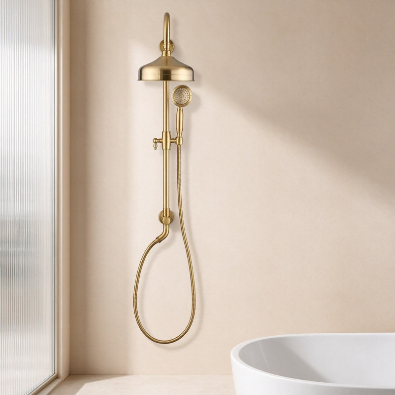 1-Spray Round Wall Bar Shower Kit with Hand Shower 1.8 GPM in Brushed Gold