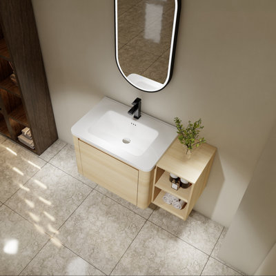 Plywood Wall-Mounted Vanity with White Ceramic Sink