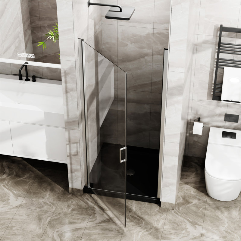 Combo de porte de douche pivotante 34 po x 72 po avec base en acrylique noire Goodyo, Argent argent