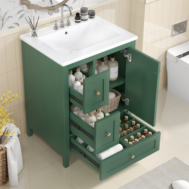 24" Single Vanity With Ceramic Sink, Drawer With Divider, Adjustable Inner Shelf, Green / Gold
