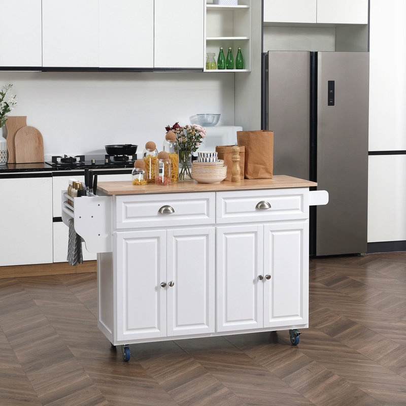 Rolling Kitchen Island On Wheels, Kitchen Cart With Solid Wood Drop Leaf Breakfast Bar, Storage Drawers, 4-Door Cabinets, Spice Rack
