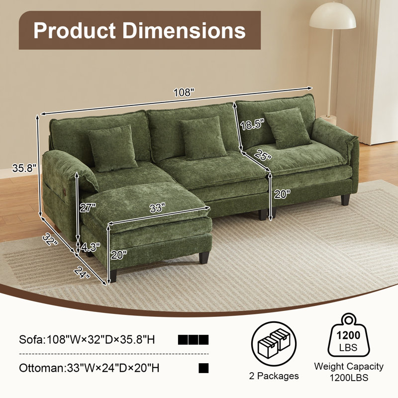 108'' Modular L-Shaped Sectional Sofa with Ottoman, Chenille Cloud Couch with Side Pocket & USB Ports for Living Room or Apartment,Green