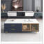 Table basse moderne bleu marine avec 2 portes de rangement en verre, 4 tiroirs, pieds en métal doré-1725479245