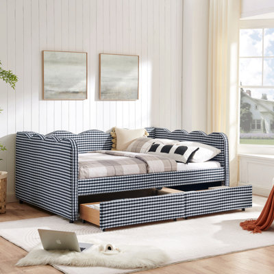 Lit de jour confortable en vichy avec deux tiroirs de rangement, avec port USB et adorable tissu en forme de vague