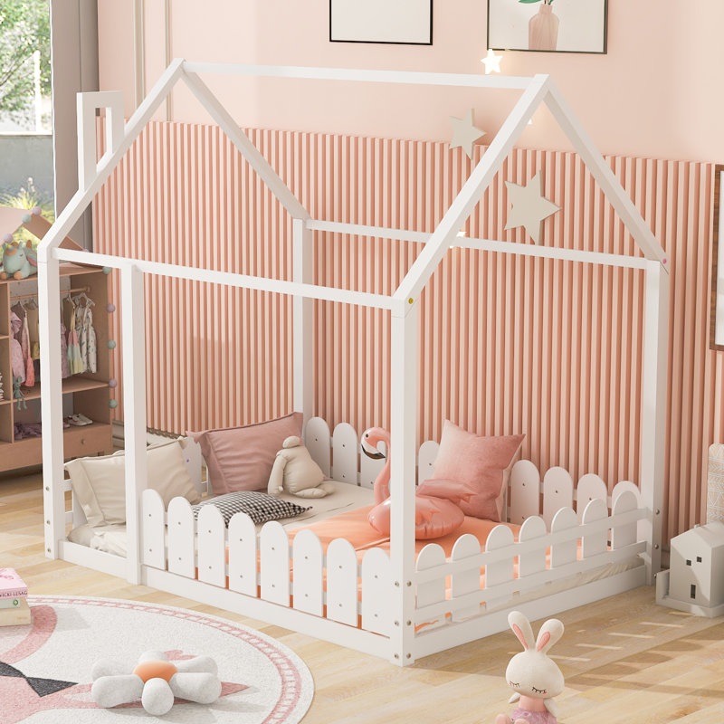 Full Size Wood Bed House Bed Frame With Fence,For Kids,Teens,Girls,Boys