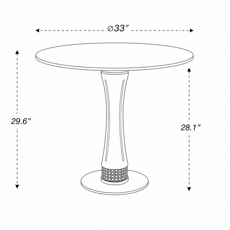 Table de salle à manger sur pied en bois sculpté avec détails en osier tressé et plateau en pierre ronde, Beige/Gold