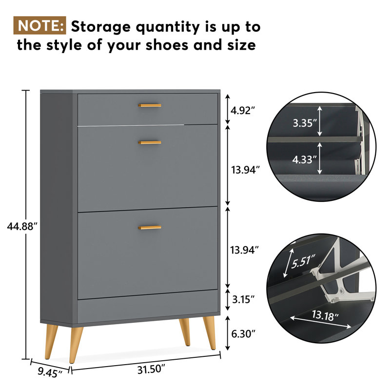 16 Pair Shoe Storage Cabinet, Grey/Gold