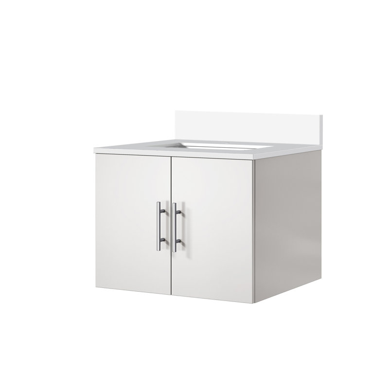 Comptoir de salle de bain blanc lustré l 24 po x P 22 po, comptoir en quartz, structure en bois massif, fermeture en douceur, espace de rangement spacieux, surface pour les égratignures et les taches, pré-percé pour trou de robinet simple 24 po x 22 po
