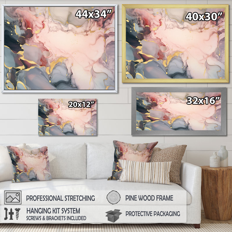 «Gray and Pink Tender», impression à l'encre liquide II sur toile, H 12 po x l 20 po x P 1 po, Cadre flottant doré