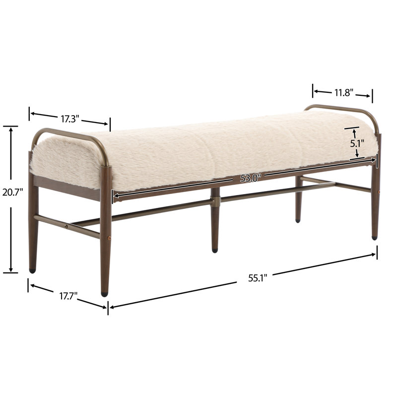 Modern Bench With Metal Frame, Fuax Fur Beige/Walnut
