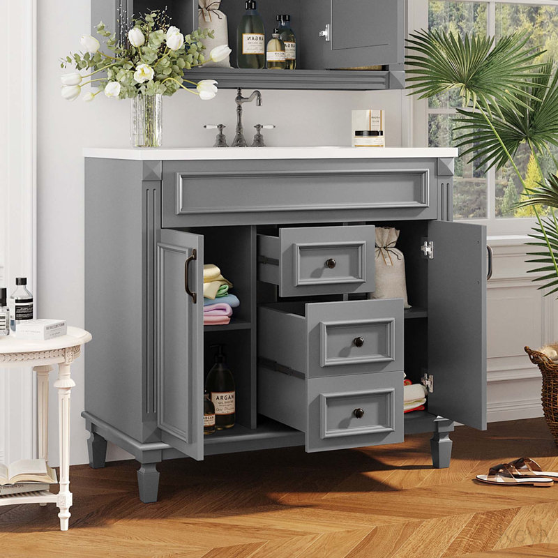 Meuble-lavabo 36 po avec lavabo supérieur avec 2 portes et 2 tiroirs, Gris