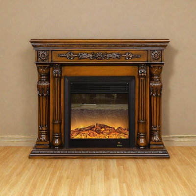 Retro solid wood base carved design fireplace