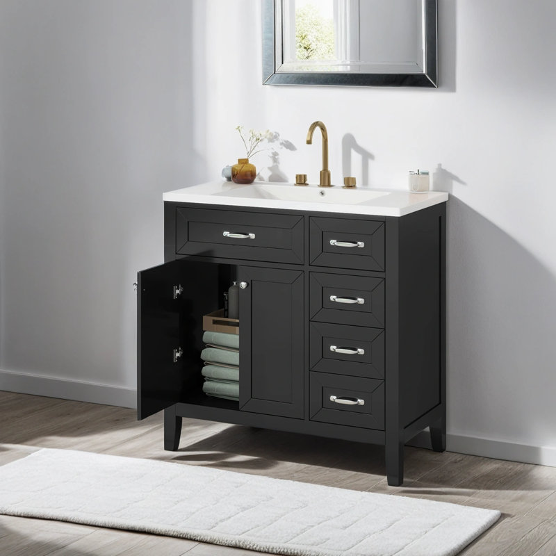 Meuble-lavabo simple avec plateau en céramique 35,98 po Raynier, Noir, Argent