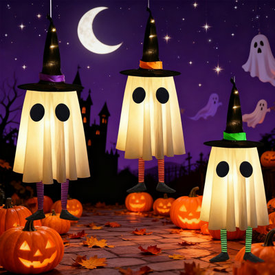 Set Of 3 Halloween Hanging Ghosts Decorations Outdoor Indoor,Floating Light Up Ghost Kit,Witch Hats,3 Light Modes,Cute Ghost-Witch Decor For Tree Porch Window Yard Door Stairs