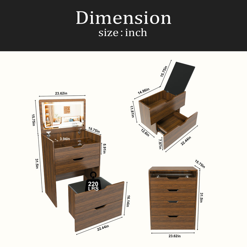 3-In-1 Vanity Desk With Lighted Mirror & Stool, Flip Top Makeup Dressing Table, Compact Storage For Bedroom, Bathroom, Dressing Room(23.62"L)