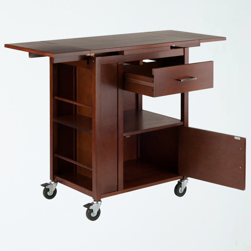 Gregory Utility Cart with Wheels - Cabinet and Open Shelf in Walnut, 33.05" H X 43.05" W X 18.30" D