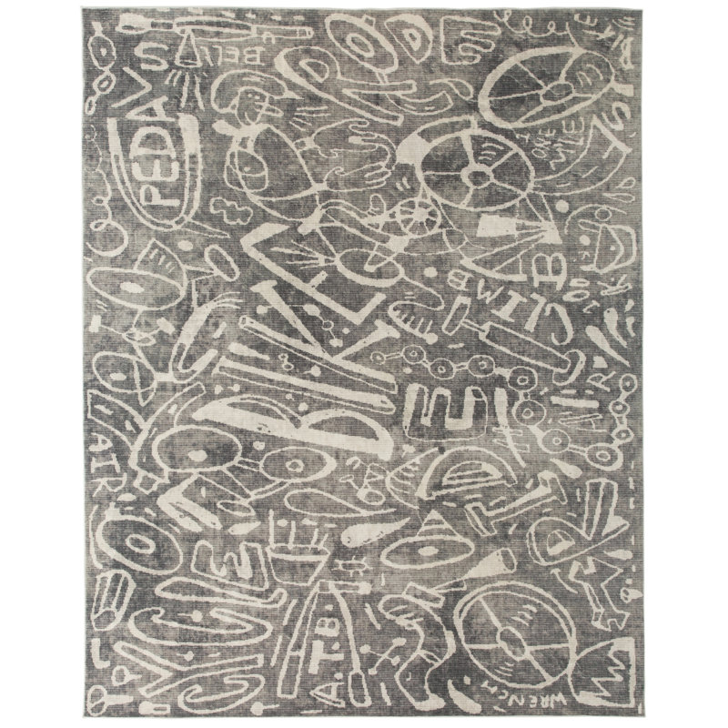 Sportsglyphs Grey Bicycle Power Loom Polyester Rug, Rectangle 7'9" x 9'9"